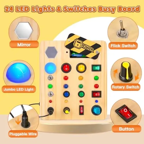 TINTECUSA LED Busy Board, Wooden Sensory Toys for Toddler, Montessori Music Toy for Airplane, Travel Activity Educational Learning Toy, Busy Light Switch Autism Toys, Birthday Boys Girls Gifts - 3