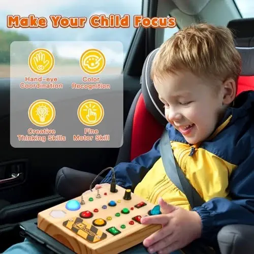 TINTECUSA LED Busy Board, Wooden Sensory Toys for Toddler, Montessori Music Toy for Airplane, Travel Activity Educational Learning Toy, Busy Light Switch Autism Toys, Birthday Boys Girls Gifts - 5