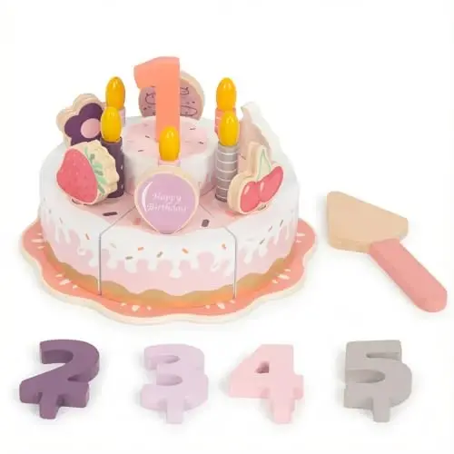 WoodenEdu Pretend Play Food for Toddlers 2-5, Wooden Birthday Fake Cake with Candles and Numbers,Tea Party Learning Kitchen Gift Toys for Boys Girls (Pink Cake) - 1