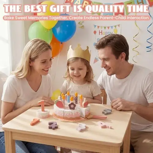 WoodenEdu Pretend Play Food for Toddlers 2-5,Wooden Birthday Fake Cake Toy | Including Candles and Numbers,Tea Party Learning Kitchen Set Birthday Gift Toys for Boys Girls - WOODENEDU