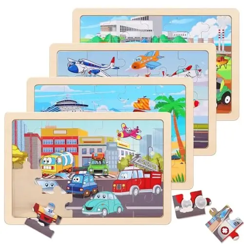 Wooden Educational Jigsaw Puzzles for Preschool Kids Ages 3-5, 4-Pack with 20 Pieces Transportation Wood Puzzles Set, Toddler Brain Teaser Toys, Preschool Gifts for Boys Girls Ages 3 4 5 6 - 1