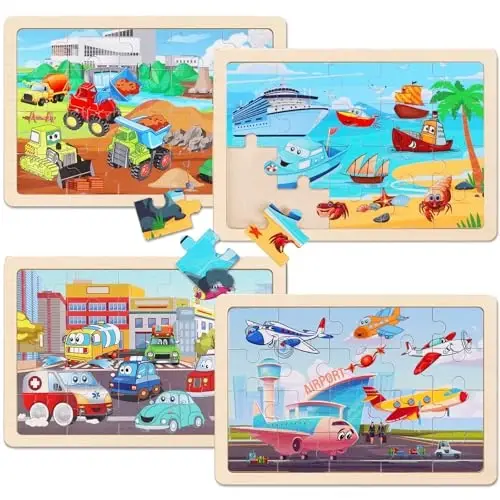 Wooden Educational Jigsaw Puzzles for Preschool Kids Ages 3-5, 4-Pack with 20 Pieces Transportation Wood Puzzles Set, Toddler Brain Teaser Toys, Preschool Gifts for Boys Girls Ages 3 4 5 6 - WOODEN (1)