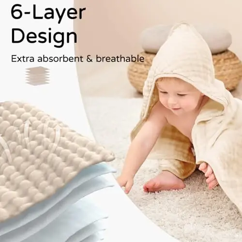 Yoofoss Hooded Baby Towels for Newborn 2 Pack 100% Muslin Organic Cotton Baby Bath Towel with Hood for Babies, Infant, Toddler and Kids, 32x32Inch, Soft and Absorbent Newborn Essential,Apricot&Green - 4