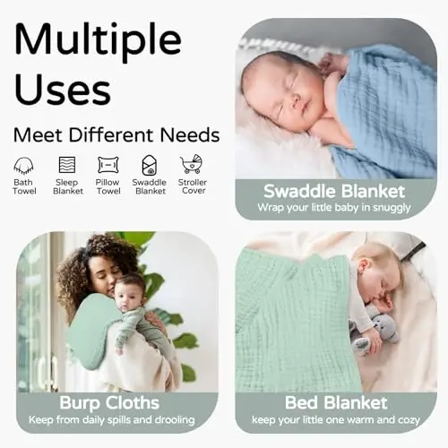 Yoofoss Hooded Baby Towels for Newborn 2 Pack 100% Muslin Organic Cotton Baby Bath Towel with Hood for Babies, Infant, Toddler and Kids, 32x32Inch, Soft and Absorbent Newborn Essential,Blue&Green - 8