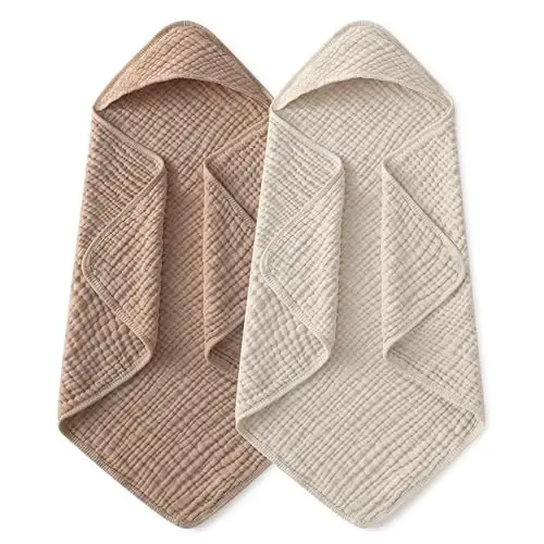 Yoofoss Hooded Baby Towels for Newborn 2 Pack 100% Muslin Organic Cotton Baby Bath Towel with Hood for Babies, Infant, Toddler and Kids, 37.5