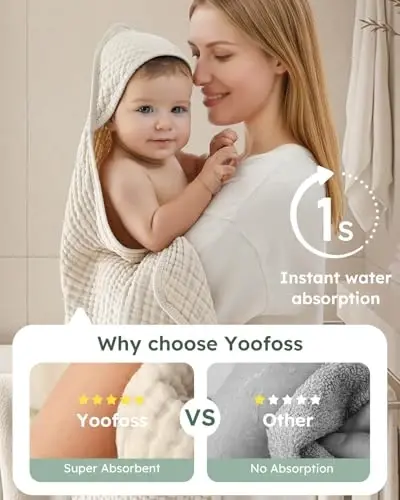 Yoofoss Hooded Baby Towels for Newborn 2 Pack 100% Muslin Organic Cotton Baby Bath Towel with Hood for Babies, Infant, Toddler and Kids, Large 32x32Inch, Soft and Absorbent Newborn Essential - 3