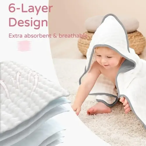 Yoofoss Hooded Baby Towels for Newborn 2 Pack 100% Muslin Organic Cotton Baby Bath Towel with Hood for Babies, Infant, Toddler and Kids, 32x32Inch, Soft and Absorbent Newborn Essential,White and Pink - 9