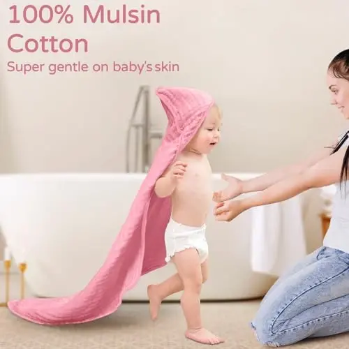 Yoofoss Hooded Baby Towels for Newborn 2 Pack 100% Muslin Organic Cotton Baby Bath Towel with Hood for Babies, Infant, Toddler and Kids, 32x32Inch, Soft and Absorbent Newborn Essential,White and Pink - 2
