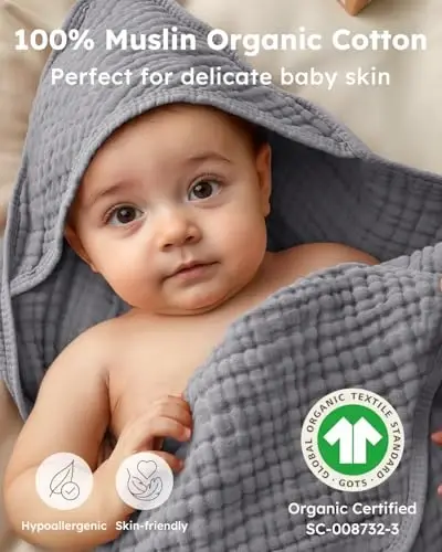 Yoofoss Hooded Baby Towels for Newborn 2 Pack 100% Muslin Organic Cotton Baby Bath Towel with Hood for Babies, Infant, Toddler and Kids, 32x32Inch, Soft and Absorbent Newborn Essential, Grey Planet - 2
