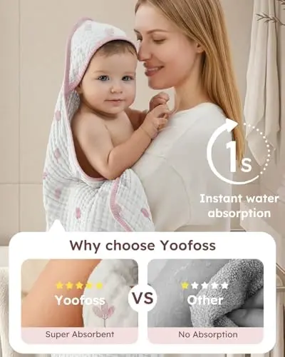 Yoofoss Hooded Baby Towels for Newborn 2 Pack 100% Muslin Organic Cotton Baby Bath Towel with Hood for Babies, Infant, Toddler and Kids,37.5