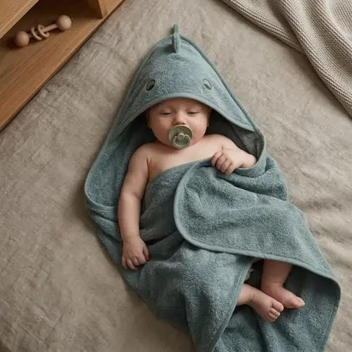 Huxie Hooded Baby Towels – 100% Organic Cotton Baby Bath Towels – Baby Boy Newborn Essentials - Super-Soft and Absorbent. (2-Pack Dino Tradewins and Moss Green) - 2