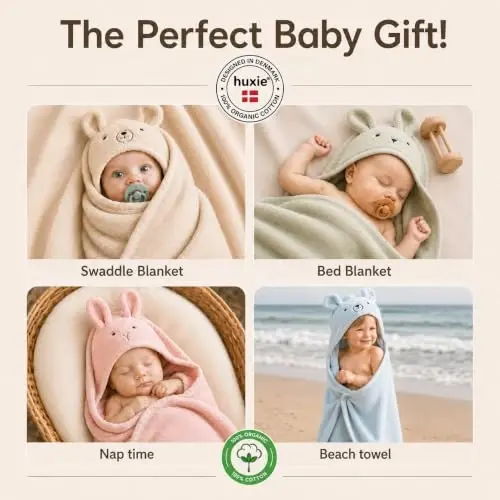 Huxie Hooded Baby Towels – 100% Organic Cotton Baby Bath Towels – Baby Boy Newborn Essentials - Super-Soft and Absorbent. (2-Pack Dino Tradewins and Moss Green) - 4