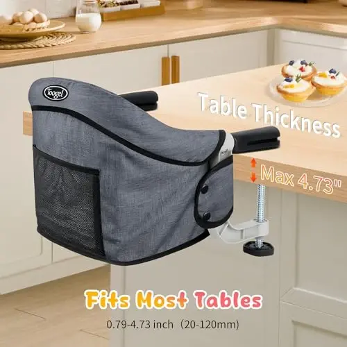 Hook On High Chair for Babies 6-36 Months | Secure & Portable Foldable Travel High Chair | Clip On Baby Feeding Seat with Non-Slip Aluminum Clamp, Detachable Washable Cover & Carry Bag (Grey) - HOOK (1)