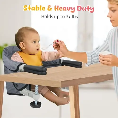 Hook On High Chair for Babies 6-36 Months | Secure & Portable Foldable Travel High Chair | Clip On Baby Feeding Seat with Non-Slip Aluminum Clamp, Detachable Washable Cover & Carry Bag (Grey) - 4