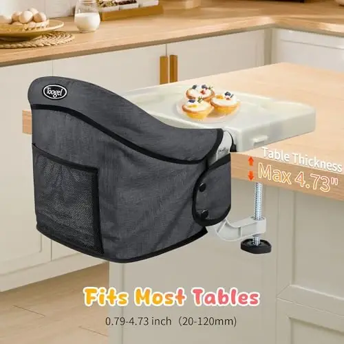 Hook On High Chair with Removable Tray for Babies 6-36 Months | Secure & Portable Foldable Travel High Chair | Clip On Baby Feeding Seat with Non-Slip Aluminum Clamp, Washable Cover & Carry Bag(Black) - 2