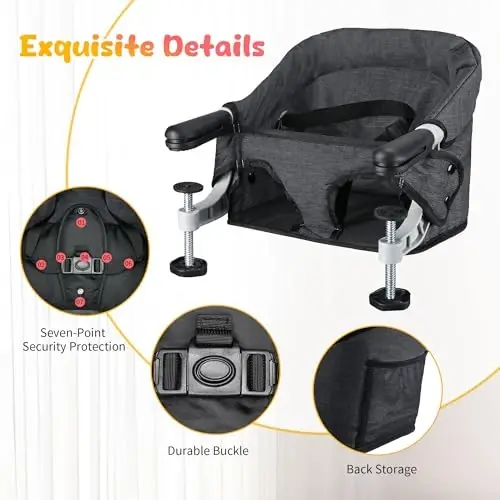 Hook On High Chair with Removable Tray for Babies 6-36 Months | Secure & Portable Foldable Travel High Chair | Clip On Baby Feeding Seat with Non-Slip Aluminum Clamp, Washable Cover & Carry Bag(Black) - 5