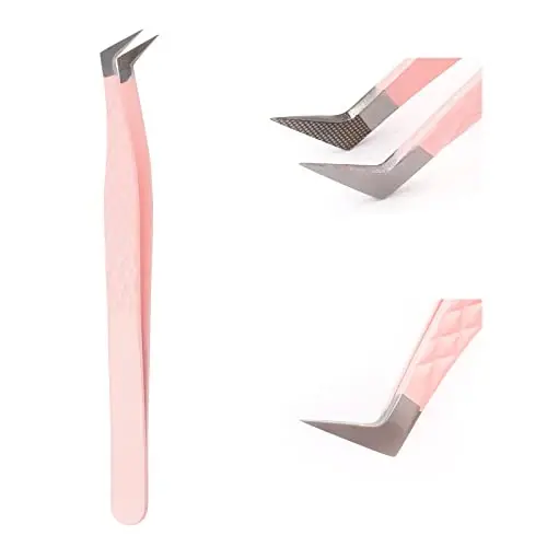 Lash Extension Tweezers Fiber Tips Volume Lash Tweezers Curved Precision Pink Eyelash Tweezers 90 Degree Angle Boot Great for Larger Fans Eyelash Extension Tweezers Professional - 1
