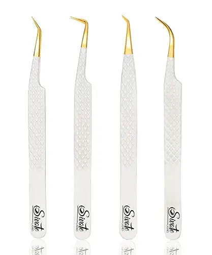 SIVOTE Fiber Tip Lash Tweezers for Eyelash Extensions with Diamond Grip, White, Set of 4 - Precise Tips Japanese Steel for Classic, Volume & Mega Volume Lashes, Anti-Rust - Ideal for Lash Artists - 1