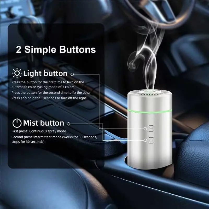 SEEDSEEL 100ML Car Essential Oil Diffuser, Rechargeable Battery Powered, Cordless Portable Aromatherapy Diffuser with 7 LED Color Lights 2 Timer Modes for Car Room Home Office (Silver) - 5