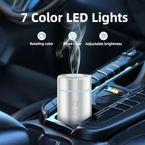 SEEDSEEL 100ML Car Essential Oil Diffuser, Rechargeable Battery Powered, Cordless Portable Aromatherapy Diffuser with 7 LED Color Lights 2 Timer Modes for Car Room Home Office (Silver) - 6