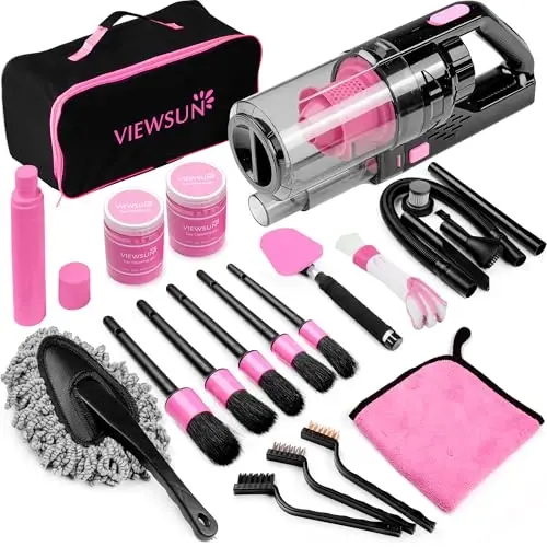 Viewsun 17pcs Car Cleaning Kit, Pink Car Interior Detailing Kit with High Power Handheld Vacuum, Detailing Brush Set, Windshield Cleaner, Cleaning Gel, Complete Auto Accessories for Women Gift - 1