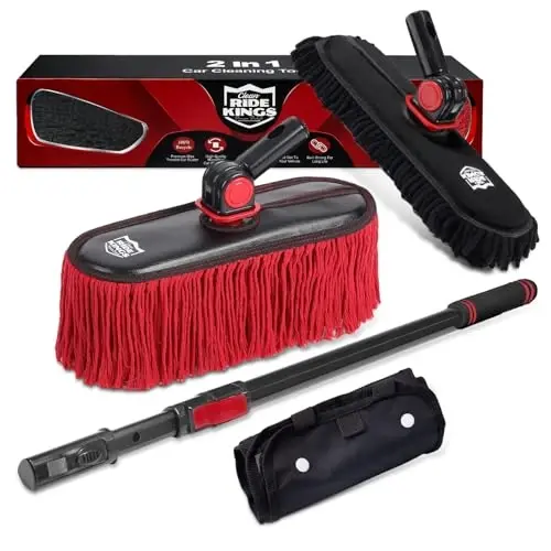 2In1 Brush And Duster For Car Exterior,Chenille Car Wash Brush Mop*1PC,Wax Cotton Car Duster Mop*1PC Remove Dust,Freely Switch A Retractable Black Steel Pole,Car Cleaning Supplies For Boat Truck Rv - 1