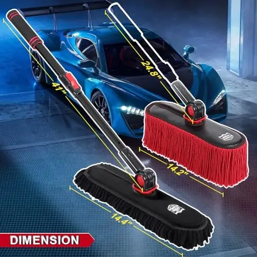 2In1 Brush And Duster For Car Exterior,Chenille Car Wash Brush Mop*1PC,Wax Cotton Car Duster Mop*1PC Remove Dust,Freely Switch A Retractable Black Steel Pole,Car Cleaning Supplies For Boat Truck Rv - 2