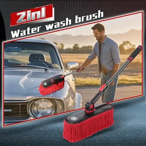 2In1 Brush And Duster For Car Exterior,Chenille Car Wash Brush Mop*1PC,Wax Cotton Car Duster Mop*1PC Remove Dust,Freely Switch A Retractable Black Steel Pole,Car Cleaning Supplies For Boat Truck Rv - 4