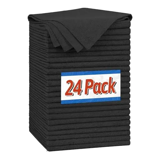FIXSMITH Microfiber Cleaning Cloth, Shop Towels Bulk, 24 Pack Black Microfiber Towels for Cars, All-Purpose Absorbent Cleaning Rags, Dust Cloth for Automotive, Mechanic, Garage, Bar, 12 x 11 inch 