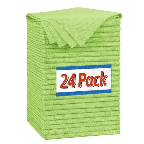 FIXSMITH Microfiber Cleaning Cloth, Shop Towels Bulk, 24 Pack Green Microfiber Towels for Cars, All-Purpose Absorbent Cleaning Rags, Dust Cloth for Automotive, Mechanic, Garage, Bar, 12 x 11 inch 