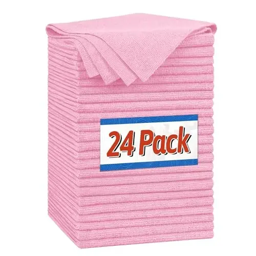FIXSMITH Microfiber Cleaning Cloth, Shop Towels Bulk, 24 Pack Pink Microfiber Towels for Cars, All-Purpose Absorbent Cleaning Rags, Dust Cloth for Automotive, Mechanic, Garage, Bar, 12 x 11 inch 