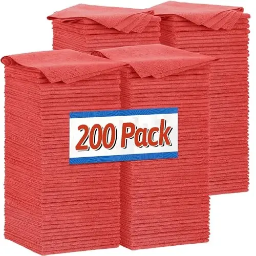 FIXSMITH Shop Towels, Red Microfiber Cleaning Cloth Bulk, 200 Pack Microfiber Towels for Cars, All-Purpose Absorbent Cleaning Rags, Dust Cloth for Automotive, Mechanic, Garage, Bar, 11.5 x 11.5 inch 