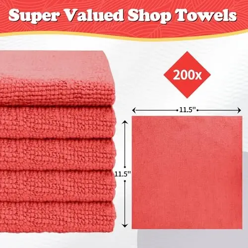 FIXSMITH Shop Towels, Red Microfiber Cleaning Cloth Bulk, 200 Pack Microfiber Towels for Cars, All-Purpose Absorbent Cleaning Rags, Dust Cloth for Automotive, Mechanic, Garage, Bar, 11.5 x 11.5 inch - 2