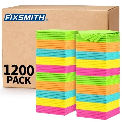 FIXSMITH Microfiber Cleaning Cloth, 1200 Pack Shop Towels, Lint-Free Car Wash Towels, All-Purpose Absorbent Cleaning Rags for Housekeeping, Dust Cloth for Office, Mechanic, Automotive （12inx12in） 