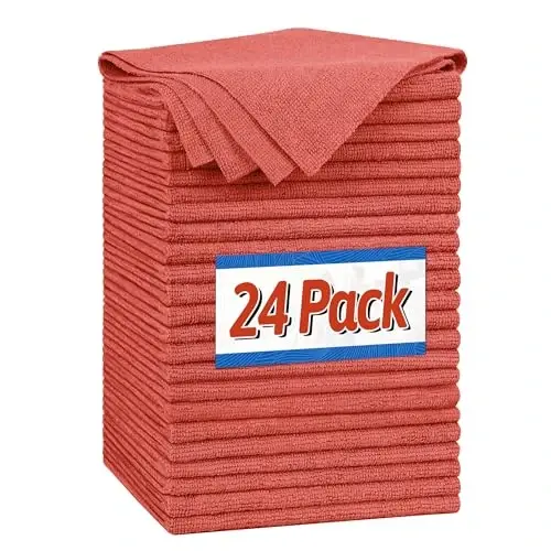 FIXSMITH Microfiber Cleaning Cloth, Shop Towels Bulk, 24 Pack Red Microfiber Towels for Cars, All-Purpose Absorbent Cleaning Rags, Dust Cloth for Automotive, Mechanic, Garage, Bar, 12 x 11 inch - 1