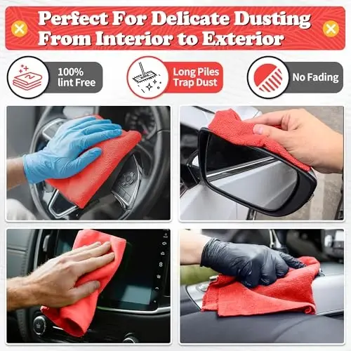 FIXSMITH Microfiber Cleaning Cloth, Shop Towels Bulk, 24 Pack Red Microfiber Towels for Cars, All-Purpose Absorbent Cleaning Rags, Dust Cloth for Automotive, Mechanic, Garage, Bar, 12 x 11 inch - 3