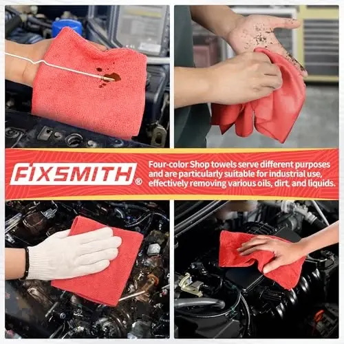 FIXSMITH Microfiber Cleaning Cloth, Shop Towels Bulk, 24 Pack Red Microfiber Towels for Cars, All-Purpose Absorbent Cleaning Rags, Dust Cloth for Automotive, Mechanic, Garage, Bar, 12 x 11 inch - 6