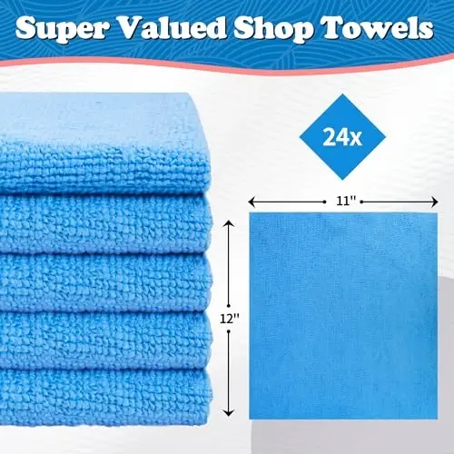 FIXSMITH Microfiber Cleaning Cloth, Shop Towels Bulk, 24 Pack Blue Microfiber Towels for Cars, All-Purpose Absorbent Cleaning Rags, Dust Cloth for Automotive, Mechanic, Garage, Bar, 12 x 11 inch - 2