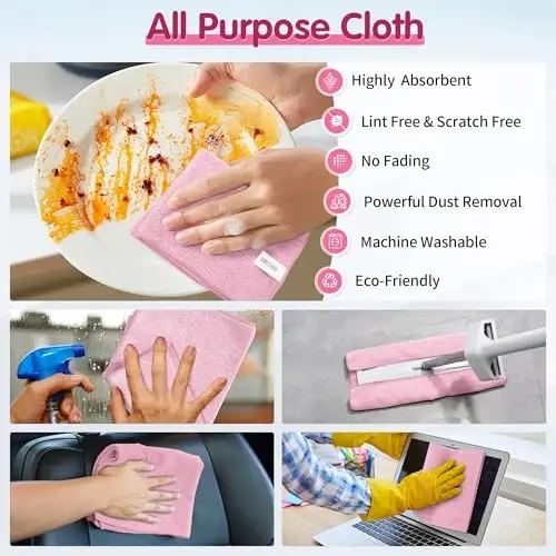 FIXSMITH Pink Microfiber Cleaning Cloth -Pack of 8, Highly Absorbent Cleaning Rags, 16