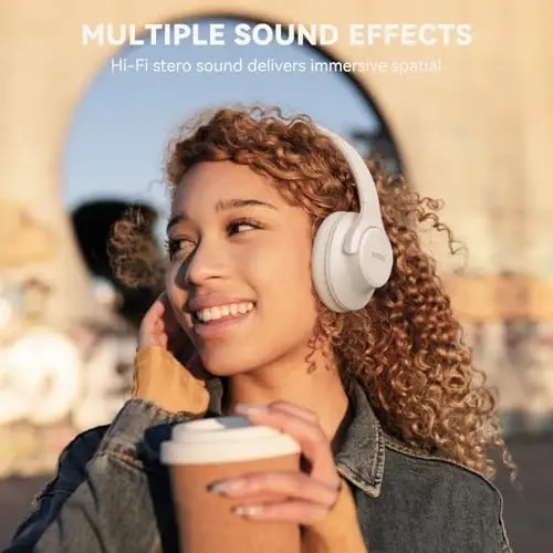 KVIDIO Bluetooth Headphones Over Ear, 65 Hours Playtime Headphones Wireless with Mic, Low Latency Foldable Lightweight Headset with Deep Bass, HiFi Stereo Sound Headphones for School Work (Beige) - 2