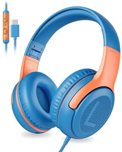 awatrue USB-C Kids Headphones with Mic - 85/94dB Volume Limiter, Foldable Wired Toddler Headphones for Boys & Girls, Over-Ear Type-C Kid Headphones for School, Travel, lPad, Tablet & Smartphones - 1