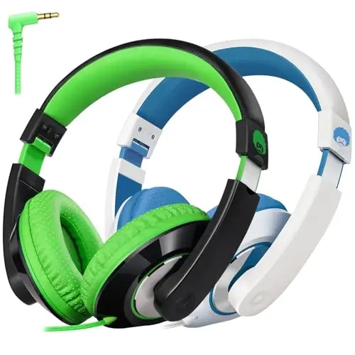 rockpapa Comfort Kids Headphones for School, Lightweight Foldable Portable Childs Boys Girls Teens Headphones Wired 3.5mm with 4.9ft Cord for Travel Airplane Tablet Phone Laptop Black/Green+White/Blue - ROCKPAPA