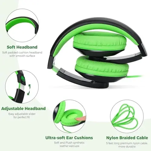 rockpapa Comfort Kids Headphones for School, Lightweight Foldable Portable Childs Boys Girls Teens Headphones Wired 3.5mm with 4.9ft Cord for Travel Airplane Tablet Phone Laptop Black/Green+White/Blue - 2