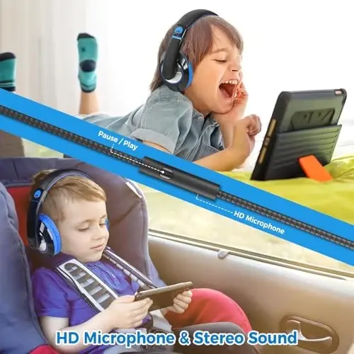 rockpapa Comfort+ Kids Headphones with Microphone, Boys Girls Student Over-Ear Headphones Wired for School Classroom Laptop PC Computer Tablet Black/Blue+Pink - 3