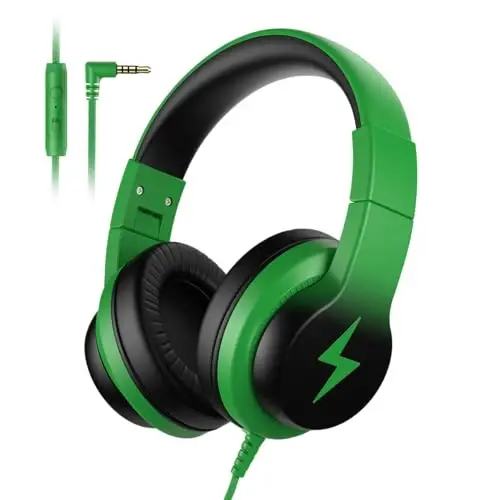 Candy Bila Kids Headphones, Wired Headphones for Kids Over Ear with Microphone, 85/94dB Volume Limiter Headphone for Girls Boys, Foldable Headphone for Learning & Entertainment, Black and Green - 1