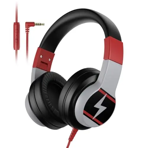 Candy Bila Kids Headphones, Wired Headphones for Kids Over Ear with Microphone, 85/94dB Volume Limiter Headphone for Girls Boys, Foldable Headphone for Learning & Entertainment, Black and Red - 1