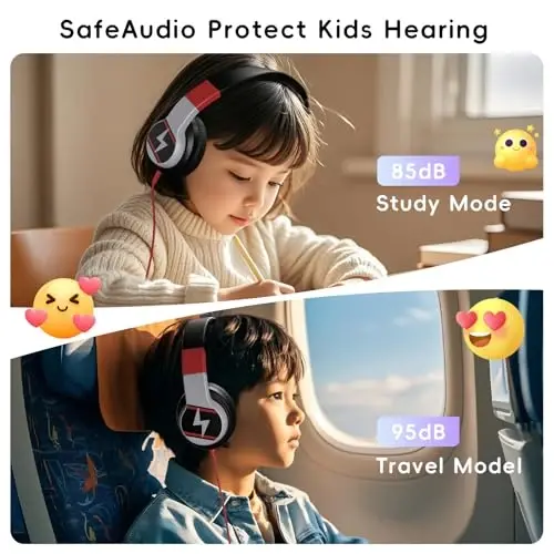 Candy Bila Kids Headphones, Wired Headphones for Kids Over Ear with Microphone, 85/94dB Volume Limiter Headphone for Girls Boys, Foldable Headphone for Learning & Entertainment, Black and Red - 2