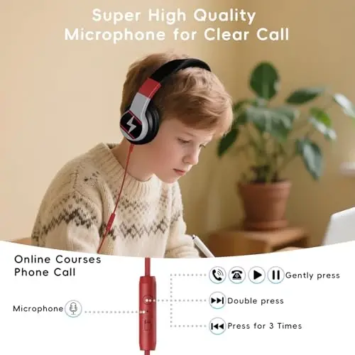 Candy Bila Kids Headphones, Wired Headphones for Kids Over Ear with Microphone, 85/94dB Volume Limiter Headphone for Girls Boys, Foldable Headphone for Learning & Entertainment, Black and Red - 3