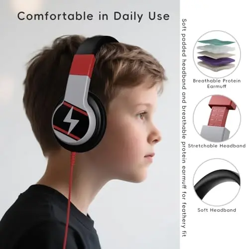 Candy Bila Kids Headphones, Wired Headphones for Kids Over Ear with Microphone, 85/94dB Volume Limiter Headphone for Girls Boys, Foldable Headphone for Learning & Entertainment, Black and Red - 5