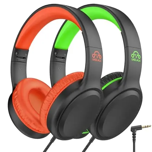 UKELALA U2 2 Pcs Wired Headphones for Kids Boys Girls, On Ear Youth Headphones for School Airplane Travel, Lightweight Portable Compatible with Tablet Computer Laptop for Adults Student Green & Orange - 1